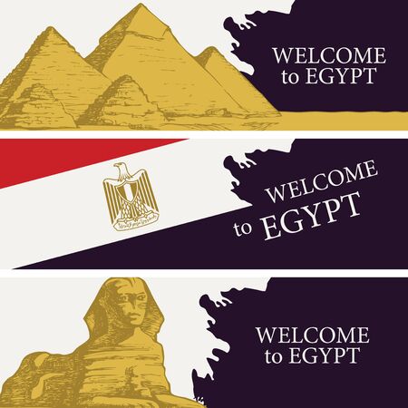 Vector set of travel banners with the pyramids, the Egyptian flag and the Sphinx. Advertising posters or flyers for travel agencies with the words Welcome to Egypt.のイラスト素材