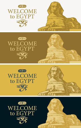Set of vector banners with the famous Egyptian Sphinx and the words Welcome to Egypt. Advertising poster or flyer for a travel Agency with a hand-drawn illustration. Landmark of ancient Egyptのイラスト素材