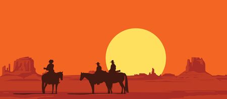 Vector landscape with wild American prairies and silhouettes of armed cowboys on horseback at sunset or dawn. Western vintage background. Decorative illustration on the theme of the wild West.のイラスト素材