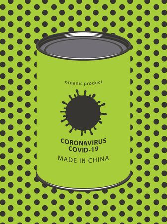 Comic vector banner with a tin can of canned coronavirus Covid-19 on a green background with polka dots. Quarantine, prevention of dangerous virus. Stop virus pandemic 2019-nCoVのイラスト素材