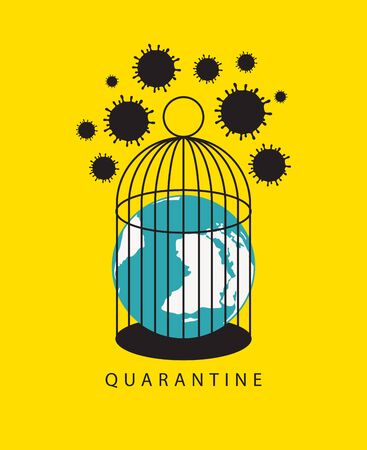 Vector banner with Planet Earth locked in a cage, virus quarantine Covid-19. Stop coronavirus concept. Dangerous virus 2019-nCoV. Hygiene and isolation-prevention of coronavirusのイラスト素材