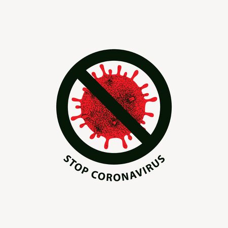 Vector icon with hand-drawn viral cell and prohibit sign. No Infection and Stop COVID-19 Concept. Dangerous 2019-nCoV virion. Global pandemic Coronavirus alertのイラスト素材
