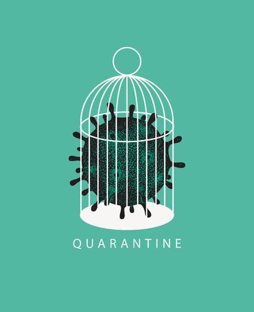 Vector banner with a hand drawn virus cell locked in a cage. Quarantine-prevention of coronavirus. Dangerous virus 2019-nCoV. Stop infection COVID-19 conceptのイラスト素材