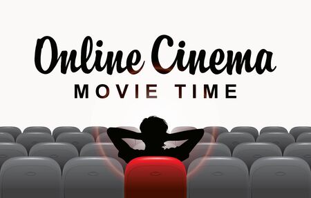 Vector online cinema banner with calligraphic inscription and a man in a relaxed home pose in front of a large screen in the empty movie hall. Movie theater for one spectator at homeのイラスト素材