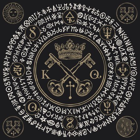Vector illustration with crown, old crossed keys and magical symbols in retro style on the black background. Hand-drawn banner with esoteric signs and magic runes written in a circleのイラスト素材