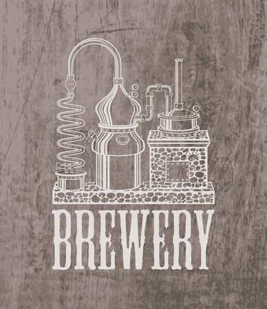 Vector banner for Brewery with inscription and old brewing equipment on a wooden background. Decorative illustration of craft beer production in retro styleのイラスト素材
