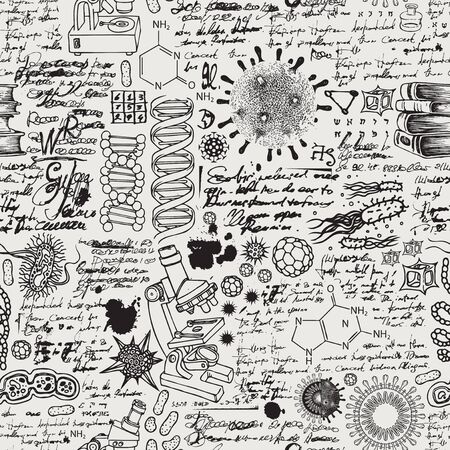Vector seamless pattern on the theme of chemistry, biology, genetics, medicine. Hand-drawn background with sketches, doodles, illegible entries and notes. Black and white illustration in retro styleのイラスト素材
