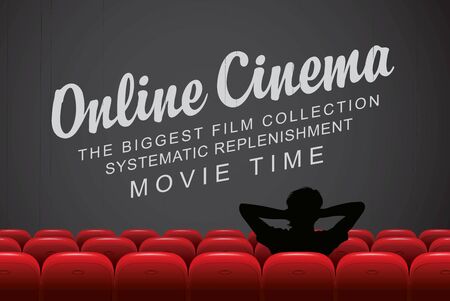 Vector online cinema poster, the biggest film collection. Movie theater at home. A man in a relaxed home pose in a movie theater with a large screen. The concept of online cinemaのイラスト素材