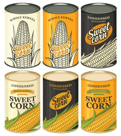 Vector set of tin cans with various labels for sweet corn. Samples of label design. Canned food during the quarantine, long-term storage productのイラスト素材