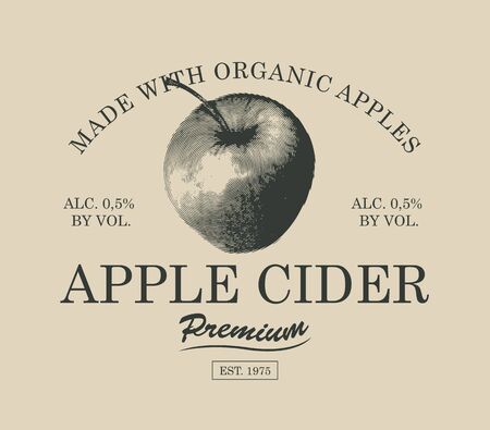 Vector label for Apple cider with a realistic image of an apple and inscriptions. Monochrome illustration in retro style.のイラスト素材