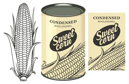 Vector banner for canned sweet corn with corn cob, label and tin can. Label design with a contour drawing of a corn cob and inscription on a light background. Long-term storage productのイラスト素材