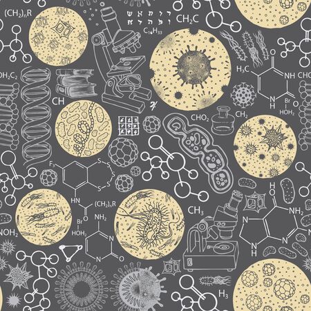 Vector seamless pattern on the theme of chemistry, biology, medicine, genetics. Repeatable illustration with sketches and drawings on a dark background. Suitable for wallpaper, wrapping paper, fabricのイラスト素材