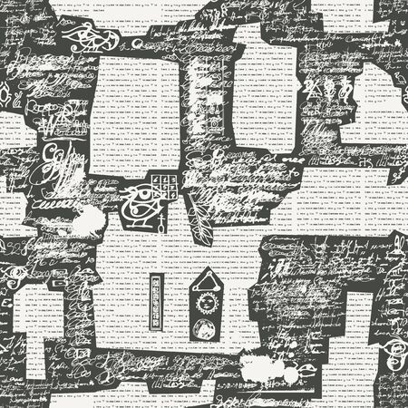 Vector texture, seamless pattern with unreadable handwritten text and abstract newspaper clippings. Black and white repeating background in retro style. Suitable for Wallpaper, wrapping paper, fabricのイラスト素材