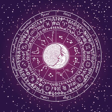 Vector circle of Zodiac signs with icons, names, constellations, Moon and magic runes written in a circle on the background of the starry sky. Horoscope symbols for astrological predictionのイラスト素材