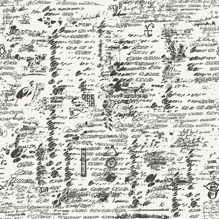 Vector seamless pattern with unreadable handwritten text in retro style. Black and white background or texture with scribbles, sketches and ink spots. Suitable for wallpaper, wrapping paper, textileのイラスト素材