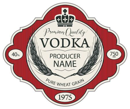 Ornate vector label for vodka in a curly frame with wheat ears, crown and inscriptions in retro style. Premium quality, pure wheat grain, strong alcoholic beverageのイラスト素材