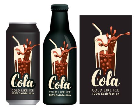 Vector label for color in retro style, decorated with a glass of brown carbonated drink with a straw and a splash of soda on a black background. Sample of a Cola label on an aluminum can and bottleのイラスト素材