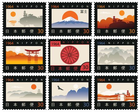 Set of vector postage stamps in retro style on the theme of Japanese culture.のイラスト素材