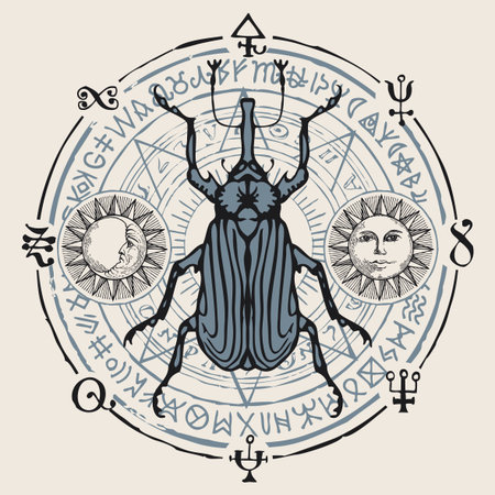 Decorative grey beetle, sun and moon of unreadable scribbles written in a circle.のイラスト素材