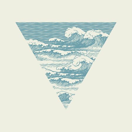 Vector banner of triangular shape with hand-drawn waves in retro style. Decorative illustration of the sea or ocean, stormy waves with white breakers of sea foamのイラスト素材