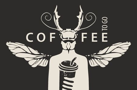 Vector banner on the theme of coffee with the inscription Coffee to go. Creative illustration of a mysterious man with a beetle head and wings holding a disposable Cup of coffee with strawのイラスト素材