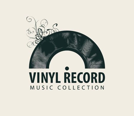 Vector music banner in retro style with black vinyl record and words Vinyl record, Music collection. Suitable for poster, placard, flyer, brochure, card, invitation, icon or logoのイラスト素材