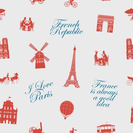 Vector seamless pattern on France and Paris theme with blue calligraphic inscriptions and red drawings in retro style. Suitable for background, wallpaper, wrapping paper, fabricのイラスト素材