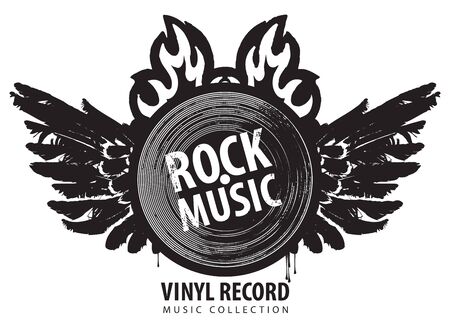 Vector music banner with a winged vinyl record on fire.のイラスト素材