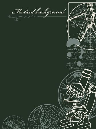 Medical background with sketches, illegible notes and place for text on a black backdrop. Hand-drawn vector illustration in retro style on the theme of medicine, biology, genetics, virology, chemistryのイラスト素材
