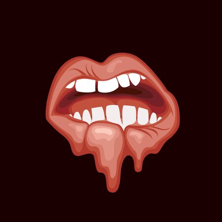 Vector banner with a human mouth that drips drops on a black background. Decorative illustration with an open mouth, white teeth and a turn lip. Wet lips of a woman or man. T-shirt or tattoo designのイラスト素材