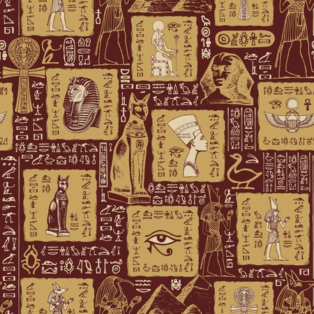 Seamless pattern on an Ancient Egypt theme with sketches and scribbles. The hieroglyphs are randomly selected and do not make sense. Vector abstract background. Wallpaper, wrapping paper, fabricのイラスト素材