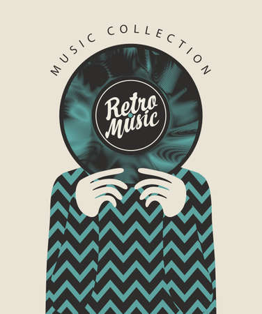 Retro music collection. A vinyl record in the hands of a person covers his face. Vector poster concept suitable for banner, flyer, advertisement, cover, invitationのイラスト素材
