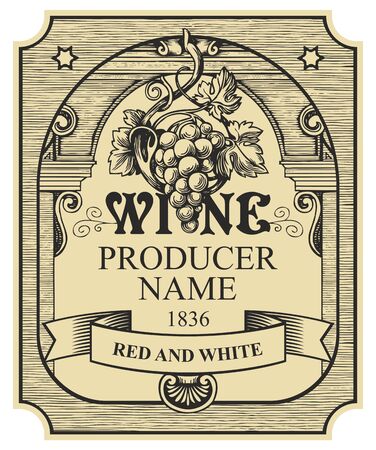 Wine label with a bunch of grapes, a ribbon and inscriptions in a figured frame. Vector ornate hand-drawn label in vintage styleのイラスト素材