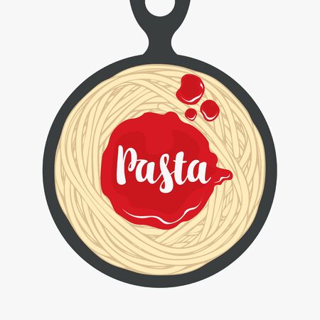 Appetizing pasta with ketchup in a black frying pan in retro style. Italian traditional food. Vector banner or menu for a restaurant with spaghetti, tomato sauce and the calligraphic inscription Pastaのイラスト素材