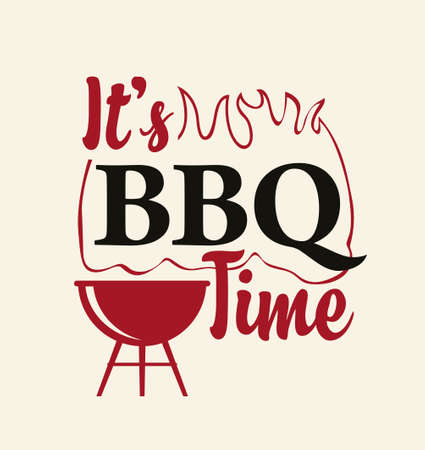 Bbq or barbecue banner, invitation card, flyer. Vector illustration in a flat style with a decorative barbeque grill and lettering It's BBQ Timeのイラスト素材