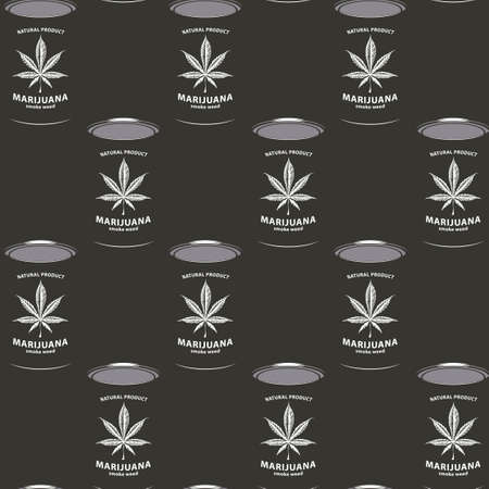 Seamless pattern with marijuana cans on a black background in retro style. Canned cannabis, Smoking weed. Vector repeating illustration suitable for Wallpaper, wrapping paper, fabricのイラスト素材