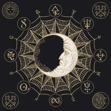Hand-drawn Moon with magic symbols on the black background. Vector banner with esoteric signs written in a circle in retro styleのイラスト素材