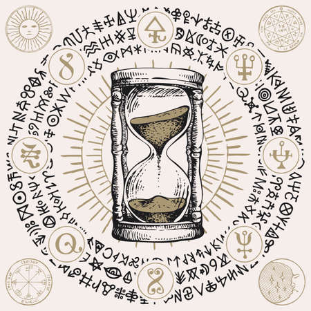 Hand-drawn hourglass with running sand inside in vintage style. Time and caducity of life concept. Vector banner with a sand clock, esoteric and magic symbols written in a circle. Glass timer.のイラスト素材