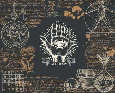 Alchemy banner in vintage style. Artistic illustration on alchemical theme with hand-drawn palm, third eye, sketches, handwritten scribbles and blots on the black backgroundのイラスト素材