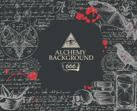Alchemy background in vintage style. Artistic illustration on alchemical theme with mystical hand-drawn sketches, handwritten scribbles, red blots and place for text on the black backgroundのイラスト素材