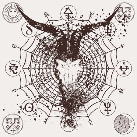 Abstract banner with a horned goat skull on a background of occult and witchcraft signs. Monochrome vector illustration in grunge style with satanic symbols and magic signsのイラスト素材