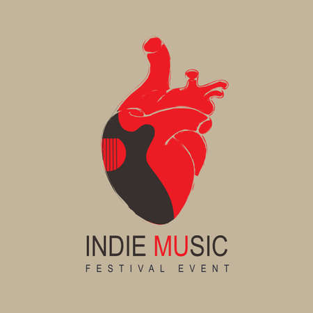 Poster for an indie music festival with a black guitar inside a red human heart. Creative vector illustration, suitable for banner, cover, flyer, invitation, playbill. Music collectionのイラスト素材