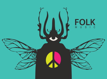 Poster for a folk music festival with a mysterious man with a beetle head and wings. Creative vector...