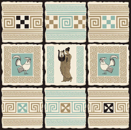 Ancient Greek banner in the form of a set of stone, clay or ceramic tiles. Vector illustrations with Greek ornaments, roosters and an ancient Greek musician with a lyreのイラスト素材