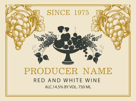 Wine label for red and white wine with with a bowl of fruit, berries, lilac and hand-drawn bunches of grapes. Vector label in retro style on the old paper background.のイラスト素材