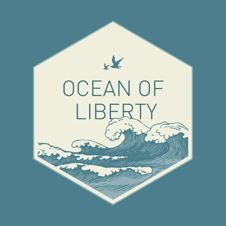 Hand-drawn illustration in the shape of a hexagon with waves, seagulls in the sky and the words Ocean of liberty. Vector illustration in retro style with sea or ocean stormy wavesのイラスト素材