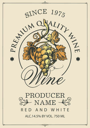 Wine label with a Golden bunch of grapes and a calligraphic inscription on a light background. Vector label for red and white grape wine in retro styleのイラスト素材