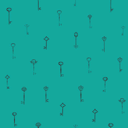 Decorative seamless pattern with vintage ornate keys in retro style. Repeatable vector illustrations on an emerald background. Suitable for wallpaper, wrapping paper, fabric, textileのイラスト素材