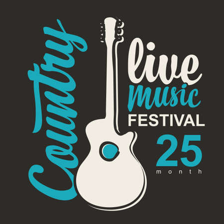 Poster for a festival of live country music with a guitar and calligraphic inscription on the black background in retro style. Vector playbill, flyer, banner, invitation, coverのイラスト素材