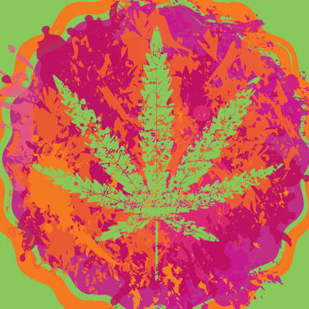 A cannabis leaf on a bright abstract pizza. Vector illustration on the topic of legal or illegal marijuana. Hallucinogenic pizza with marijuana. Smoking weed. Hemp drug consumptionのイラスト素材